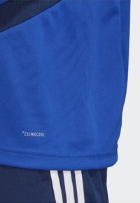 Blaues Sporttrikot mit strukturiertem Stoff und glatter Oberfläche. "Climacool"-Logo in Weiß am Saum aufgedruckt.