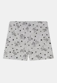 Calções cinzentos com uma textura suave, apresentando um padrão de cães brincalhões e bolinhas pretas. Cintura elástica para conforto.