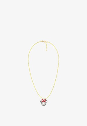 Gouden ketting met een hanger in de vorm van Minnie's hoofd met een rode strik met witte stippen.