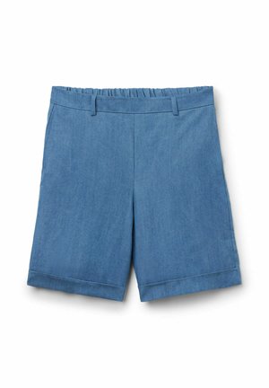 Blaue Shorts mit mittlerer Bundhöhe, elastischem Bund, Gürtelschlaufen und umgeschlagenen Säumen aus leichtem Stoff.