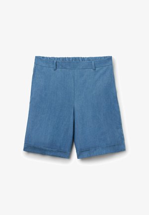 Blaue Shorts mit mittlerer Bundhöhe, elastischem Bund, Gürtelschlaufen und umgeschlagenen Säumen aus leichtem Stoff.