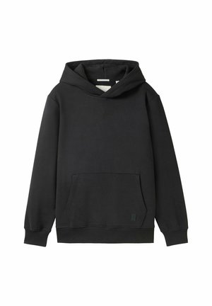 Sudadera negra hecha de tela suave, con un gran bolsillo tipo canguro, puños anchos de canalé y un ajuste relajado con capucha ajustable.