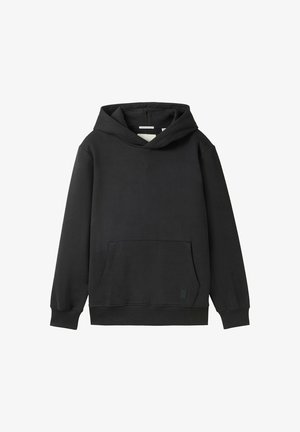 Zwarte hoodie van zachte stof, met een grote buidelzak, brede ribbels aan de mouwen en een relaxed fit met een capuchon met trekkoord.