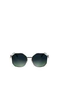 Occhiali da sole con lenti verde sfumate a forma ottagonale, montatura in metallo argento, steli sottili con dettagli accentuati e finiture bicolore vicino alle cerniere.