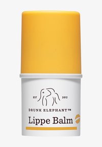 Drunk Elephant Lippe Balm in einem weißen Behälter mit einem gelben Deckel. Enthält ein Elefanten-Logo und gedruckten Text in Dunkelbraun.