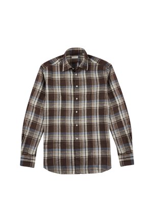 Bruine en blauwe geruite blouse met lange mouwen, knoopsluiting, en knopen aan de voorkant, gemaakt van een gestructureerde stof.