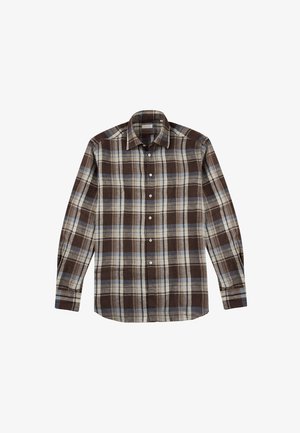 Bruine en blauwe geruite blouse met lange mouwen, knoopsluiting, en knopen aan de voorkant, gemaakt van een gestructureerde stof.