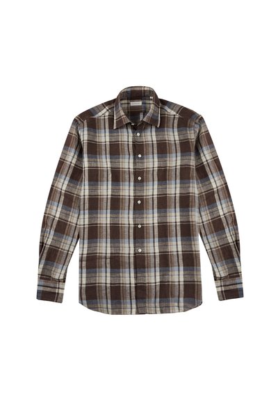 Camicia a quadri marrone e blu con maniche lunghe, colletto button-down e bottoni frontali, realizzata in un tessuto testurizzato.