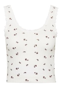 Top in cotone bianco con un motivo testurizzato, caratterizzato da piccoli motivi floreali in rosa e marrone. Bordo in pizzo smerlato lungo il colletto e le maniche.