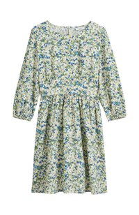 Robe fleurie avec un col rond, des manches longues et une taille froncée. Le tissu présente de petites fleurs bleues et vertes sur un fond clair.