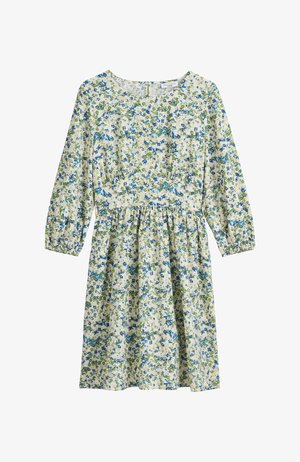 Kwiatowa sukienka z okrągłym dekoltem, długimi rękawami i zgromadzonym w pasie materiałem. Tkanina zdobiona małymi niebieskimi i zielonymi kwiatkami na jasnym tle.