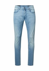 Lichtblauwe denim jeans met een slim fit, met vijf zakken, een knoop- en ritssluiting, en subtiele vervaging in de stof.