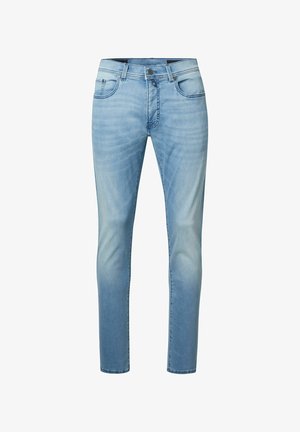 Hellblaue Jeans aus Denim mit schlanker Passform, ausgestattet mit fünf Taschen, einem Knopf- und Reißverschluss sowie dezenten Verwaschungen im gesamten Stoff.