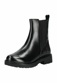 Botín Chelsea de cuero negro con suela gruesa, panel lateral elástico, lengua de tirón y detalle texturizado en el tacón.
