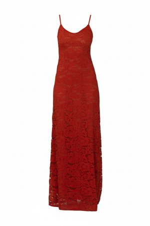 Μακρύ κόκκινο φόρεμα από δαντέλα με λεπτές τιράντες σπαγγέτι και λουλουδάτο σχέδιο, μέχρι το πάτωμα με ελαφρύ φούσκωμα στο τελείωμα.
