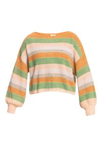 Gestreifter Pullover in Orange, Grün und Creme. Kürzerer Schnitt mit weiten Ärmeln und strukturiertem Strickmuster. Leichter Stoff.