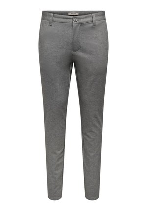 Pantaloni grigi su misura con una texture liscia, design slim fit e tasche anteriori con chiusura a bottone singolo. Materiale misto poliestere.