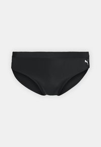 Schwarze Bikiniunterteile aus glattem Stoff, mit einem mittelhohen Schnitt und einem weißen Logoakzent auf der linken Seite.