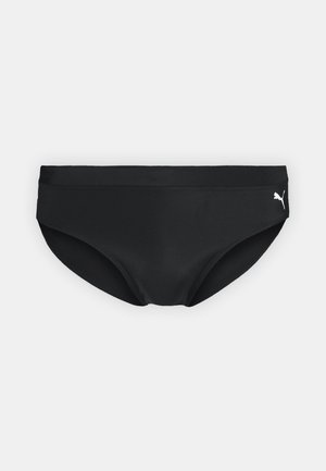 Schwarze Bikiniunterteile aus glattem Stoff, mit einem mittelhohen Schnitt und einem weißen Logoakzent auf der linken Seite.