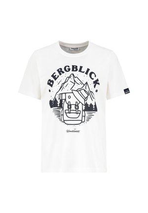 White t-shirt with black graphic of mountains, trees, backpack, and hat, featuring text "BERGBLICK" and "Wandermädel."