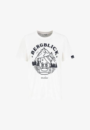 White t-shirt with black graphic of mountains, trees, backpack, and hat, featuring text "BERGBLICK" and "Wandermädel."