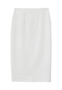 Weißer Bleistiftrock mit glatter Textur, taillierter Form und ohne sichtbare Verzierungen oder Muster. Geeignet für formelle Anlässe.