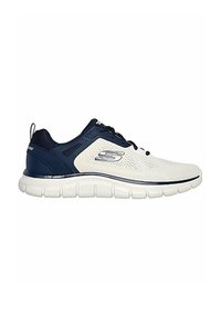 Zapatillas deportivas en blanco y azul marino. Parte superior de malla ligera con perforaciones, suela acolchada y suela texturizada para tracción.