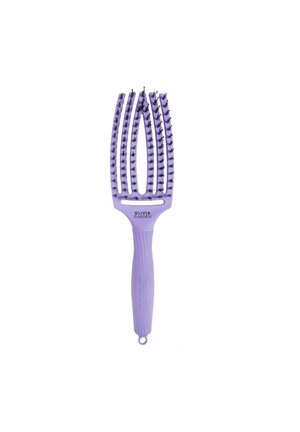 Paarse geventileerde haarborstel met flexibele borstelharen en ergonomisch handvat, ontworpen voor het ontwarren en volume.