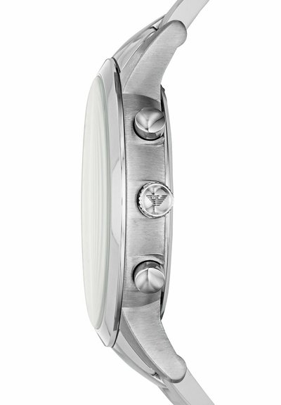 Seitenansicht eines silbernen Metallarmbanduhrengehäuses mit zwei Druckknöpfen und einer mit einem geflügelten Logo gravierten Krone.