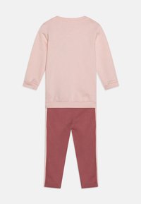 Maglietta rosa chiaro a maniche lunghe con scollatura tonda e polsini a costine, abbinata a leggings bordeaux. Entrambi realizzati in tessuto morbido ed elastico.