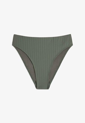 Green ribbed bikini bottom with a high waistband and clean edges. The fabric has a soft texture and a slight sheen.