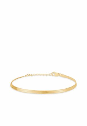 Złota bransoletka z gładką, płaską opaską i regulowanym zapięciem na łańcuszku. Charakteryzuje się eleganckim, minimalistycznym designem z refleksyjną powierzchnią.