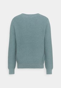 Maglione di un blu chiaro textured con scollatura rotonda, maniche lunghe e polsini a coste. Il motivo presenta un design a maglia intrecciata.