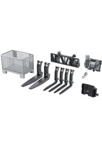 Set of storage accessories: gray plastic basket, six black hooks, a black mounting bracket, and a winch, featuring various shapes and designs.