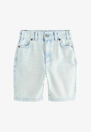 Gai zila džinsus šorti ar piecām kabatām, pogu aizdari un jostas cilpām. Gluda tekstūra ar izbalējušu apdari.