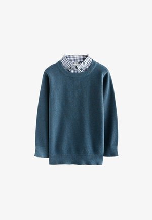 Blue sweater with a textured knit, round neckline, and long sleeves, layered over a checkered shirt with button-down collar.