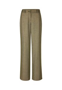 Bruine broeken met een visgraatpatroon en een recht model, voorzien van een enkele knoopsluiting en riemlussen voor extra verstelbaarheid.