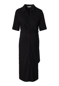Czarna sukienka o kroju kopertowym z krótkimi rękawami, z zapięciem na guziki z przodu, kołnierzykiem oraz z boku związana w talii. Teksturowany materiał, do kolan, dopasowany krój.