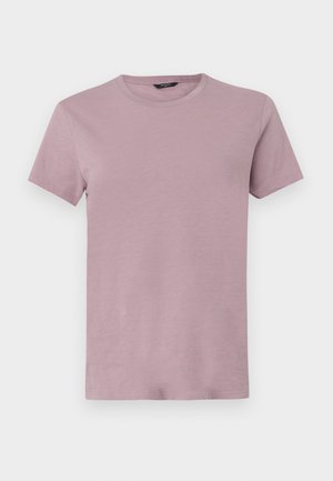 Tricou masculin cu guler rotund, de culoare mauve deschis, realizat dintr-un material moale. Mâneci scurte, croială obișnuită, cu o textură netedă și fără modele vizibile.