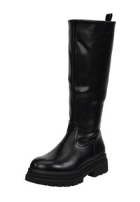 Zwarte, kniehoge leren laars met een gladde afwerking, een afgeronde neus, minimale stiksels en een dikke rubberen zool voor grip.