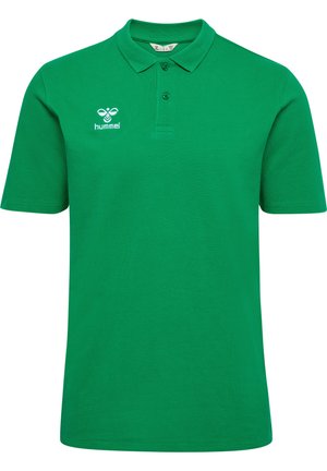 Groene poloshirt gemaakt van ademende stof. Beschikt over een klassieke kraag, korte mouwen en een wit logo op de linkerkant van de borst. Effen kleur ontwerp.