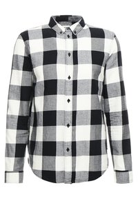 Camicia a maniche lunghe in tessuto di cotone, con motivo a scacchi bianco e nero, caratterizzata da un colletto classico e polsini con bottone.