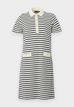 Φόρεμα κοντομάνικο, μήκους μέχρι το γόνατο, με οριζόντιες ναυτικές ρίγες σε λευκό φόντο, λευκό γιακά, πλαίσιο με κουμπιά και δύο εμπρόσθιες τσέπες με κουμπιά.