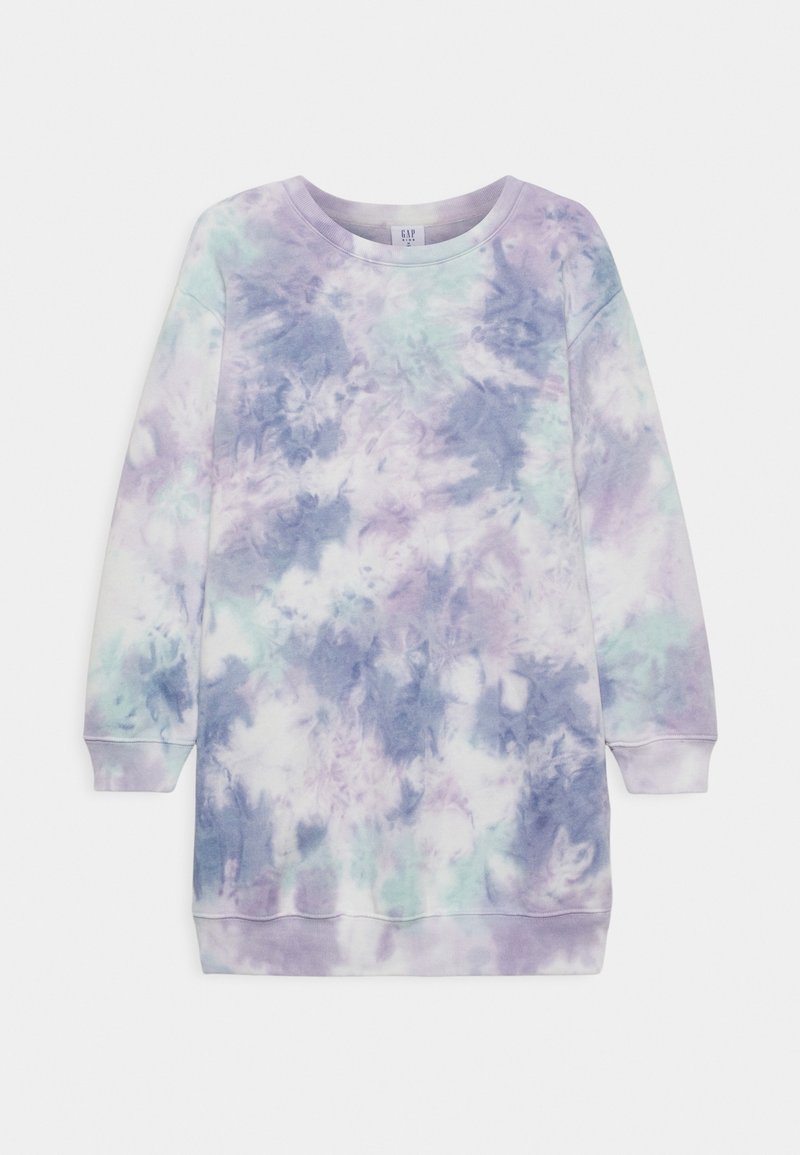 Robe sweatshirt à manches longues et col rond avec poignets côtelés, motif tie-dye pastel en violet, bleu et vert sur fond blanc.