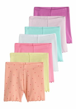 Hét pár bordázott kisgyermek rövidnadrág pasztell színekben: barack pöttyökkel, sárga, rózsaszín, fehér, menta, világos rózsaszín és lila, függőlegesen egymásra rakva.
