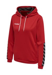 Red long-sleeve hoodie with black and gray chevron stripes on sleeves, white drawstrings, and white "hummel" logo on the chest.