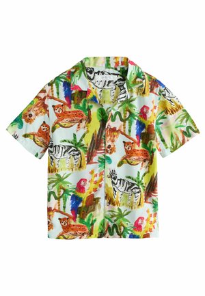 Kurzärmeliges Hemd mit Knopfleiste und buntem tropischem Dschungelprint mit Zebras, Leoparden, Papageien, Palmen und Schlangen auf weißem Hintergrund.