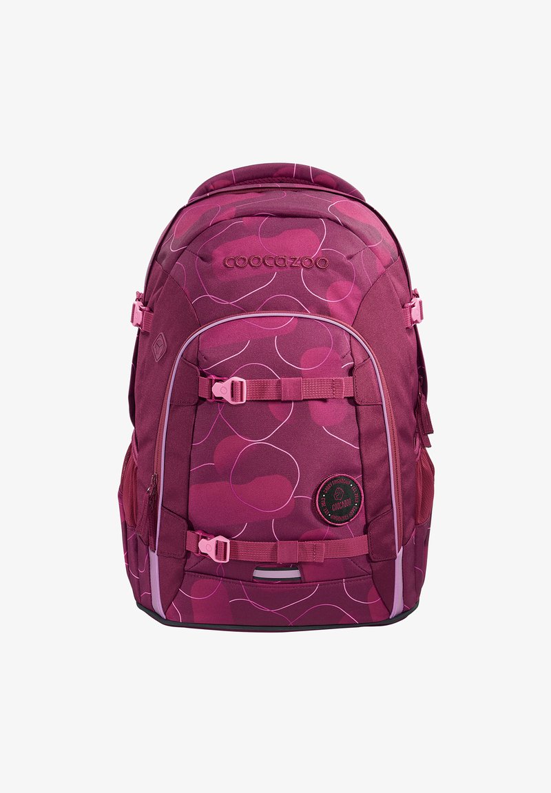 Purple backpack with abstract pink patterns, adjustable straps, front pocket, and logo patch. Made from durable fabric with zippers.