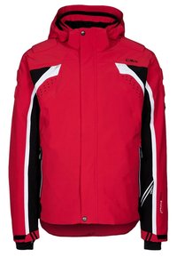 Chaqueta de esquí roja con detalles en negro y blanco, que incluye capucha, bolsillos con cremallera y detalles de ventilación en los hombros. Material impermeable.