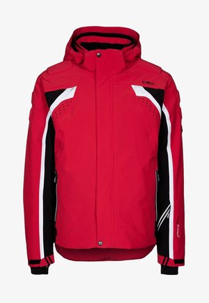 Punainen hiihtotakki, jossa on mustat ja valkoiset yksityiskohdat, hupullinen, vetoketjulliset taskut ja ilmanvaihtotehosteita hartioissa. Vedenpitävää materiaalia.